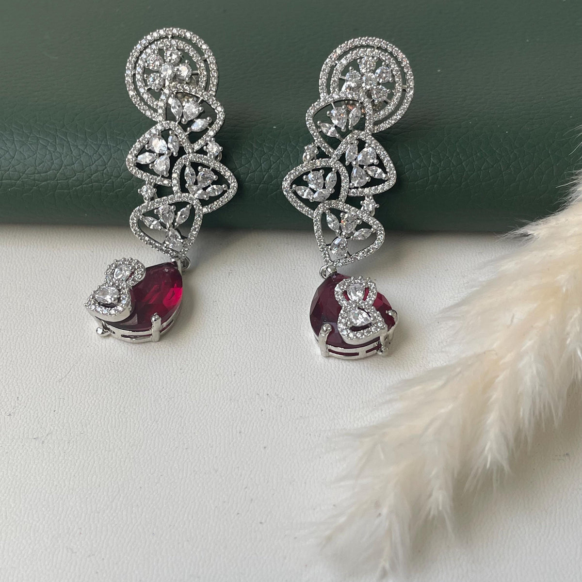 Ruby & Cubic Zirconia Drop Earrings: Silver Plated Party Jewelry
