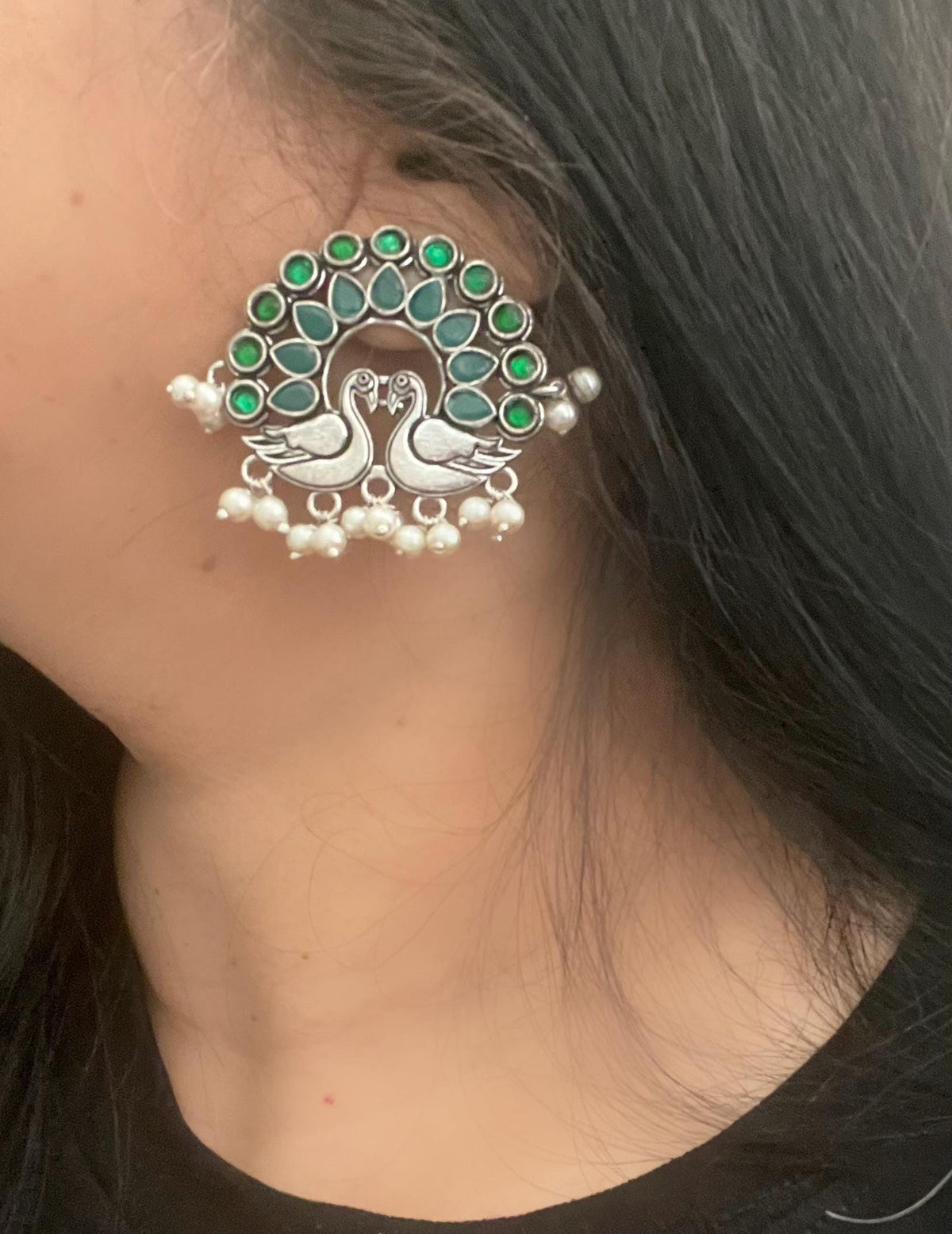 Emerald Peacock Earrings: Oxidized Silver, Lightweight Temple Jewelry