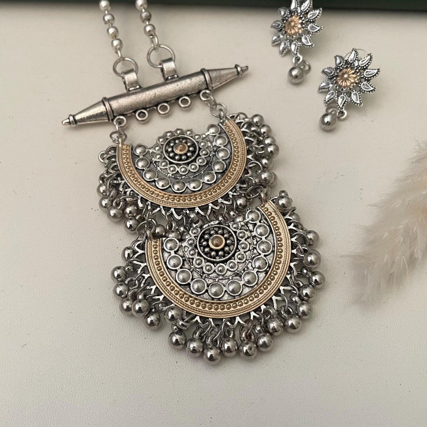 Dual tone Oxidised long necklace set for Garba Navratri