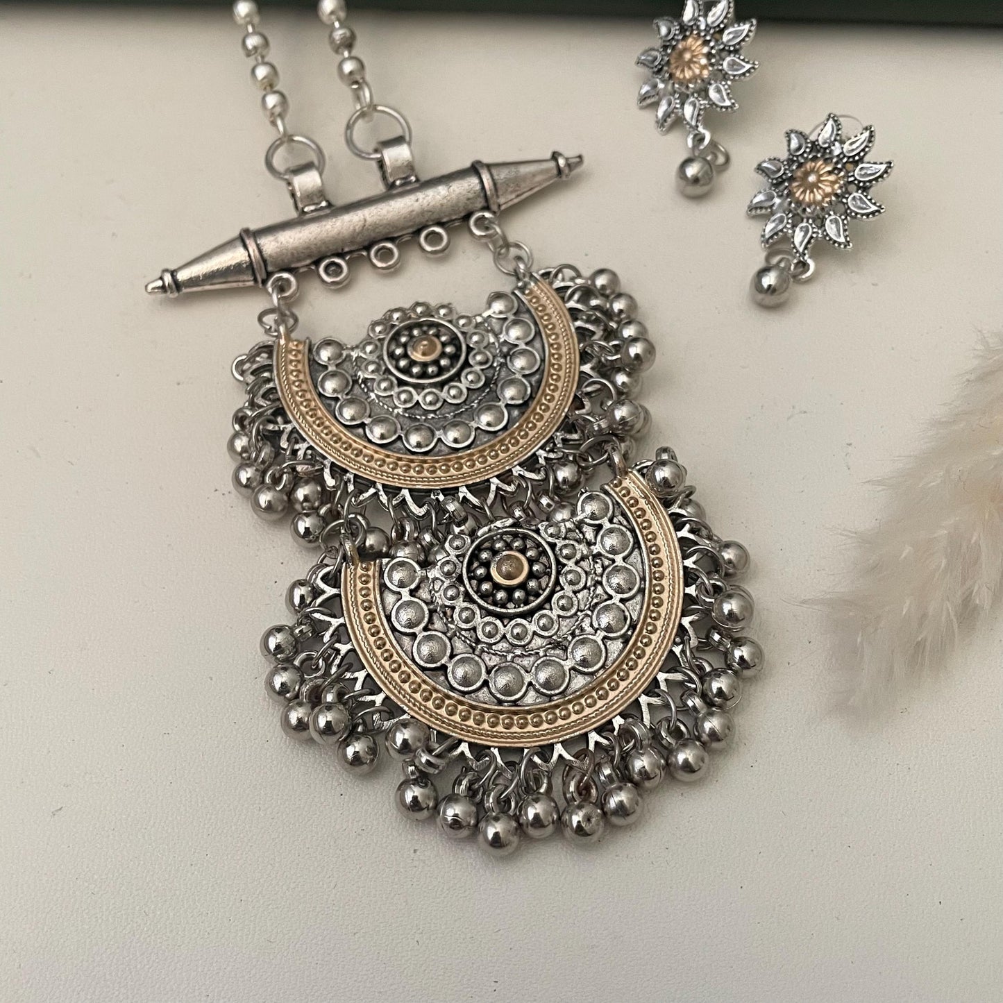 Dual tone Oxidised long necklace set for Garba Navratri
