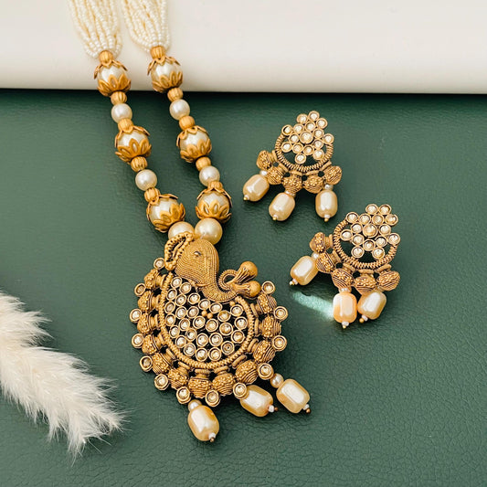 Rajawadi Polish Ganapati Pendant Necklace Set: Antique Gold Pearl Jewelry