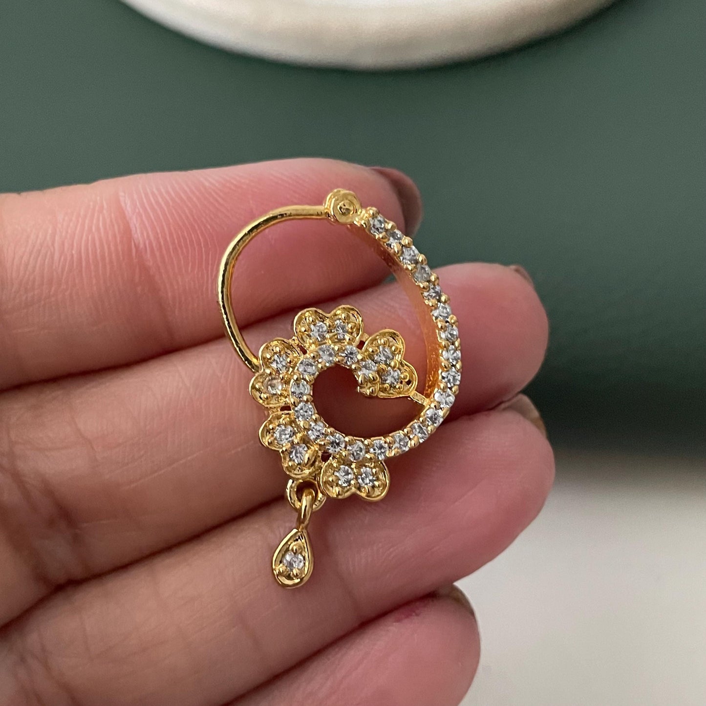 Gold & Rhodium Plated Cubic Zirconia Nath - Pierced Nose Ring
