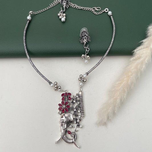 Restocked : Ganapati Choker necklace with earrings unique Oxidised neckpiece