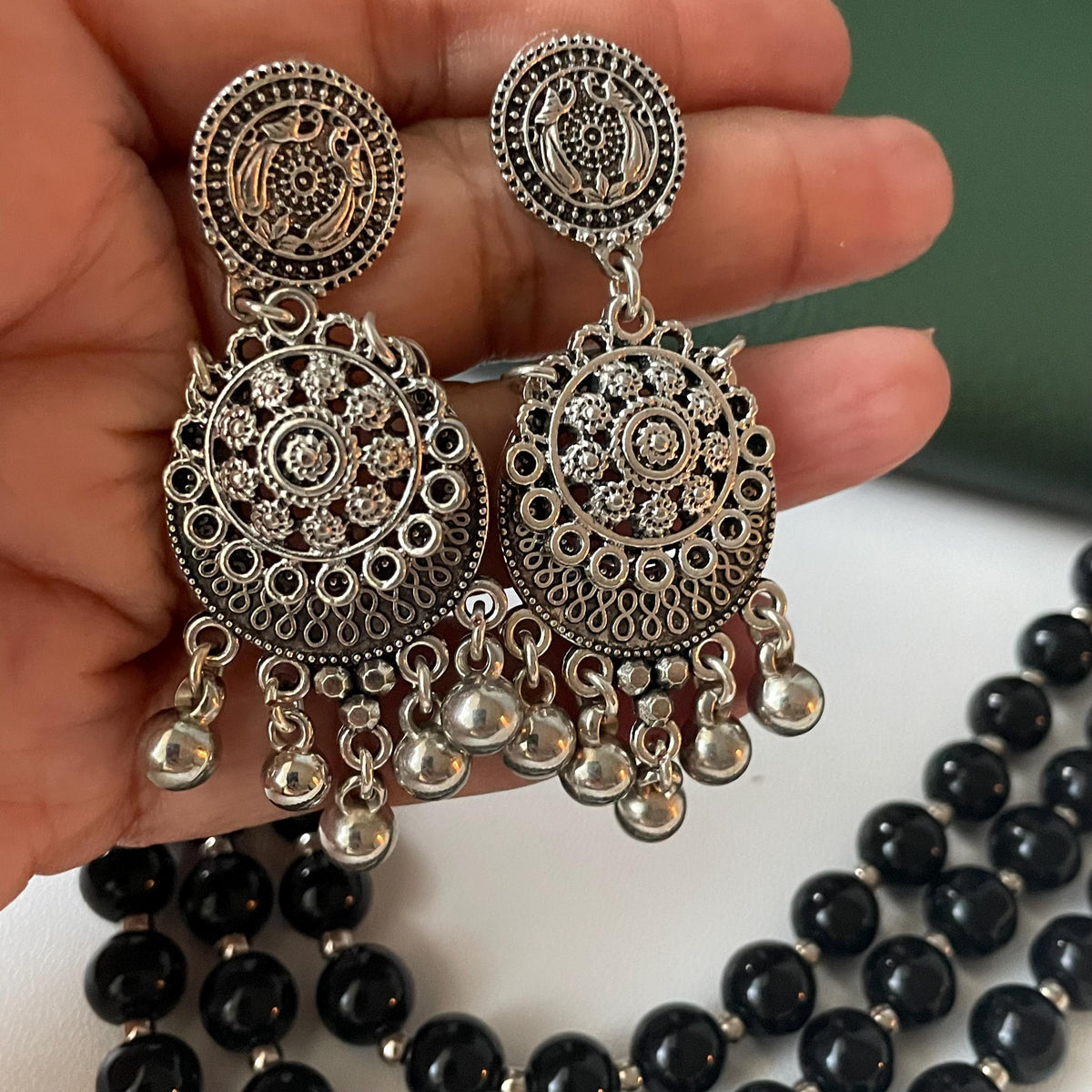 Oxidised big black beads three layered fancy necklace set with matching earrings