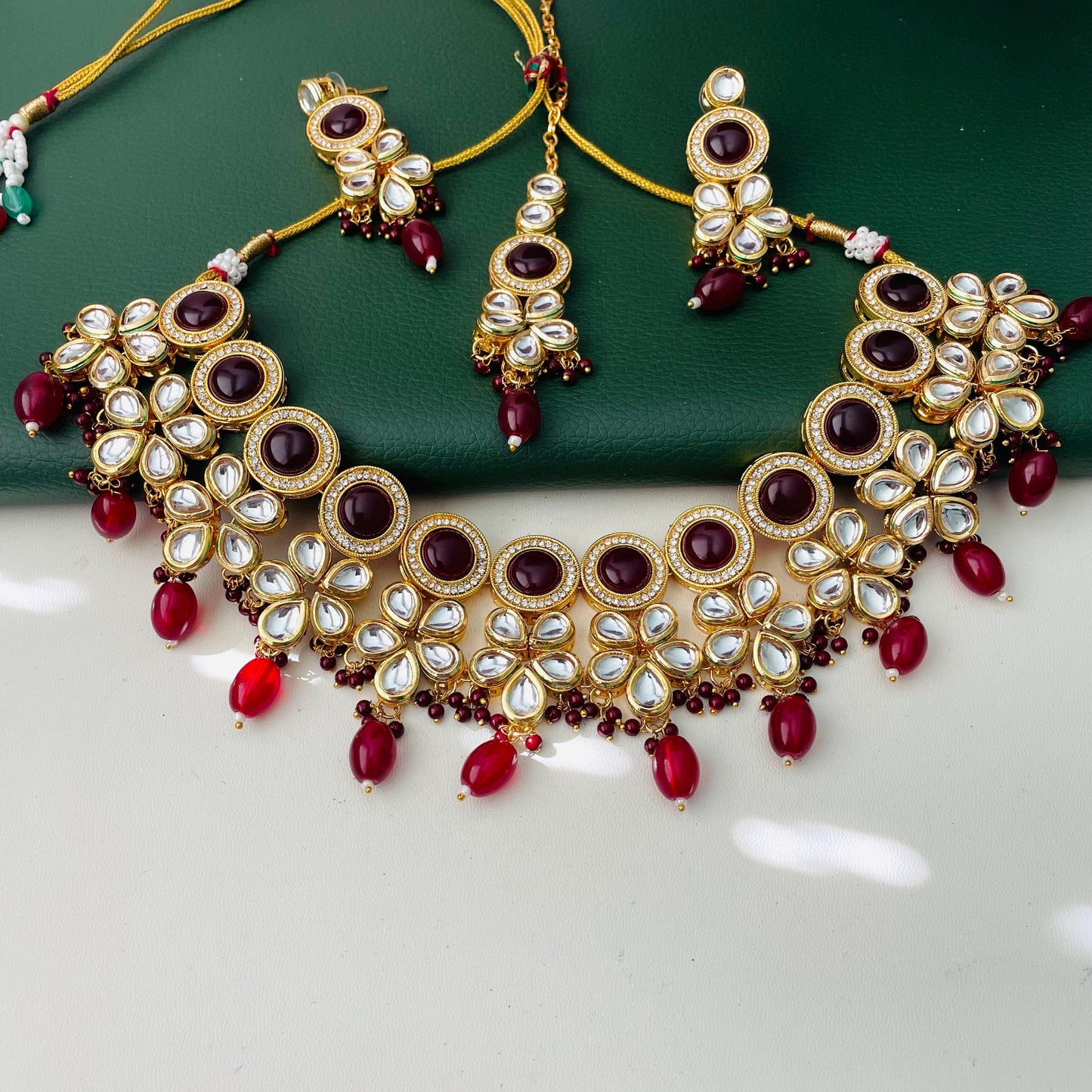Maroon color kundan and AD necklace set with Maang tika | bridal jewelry