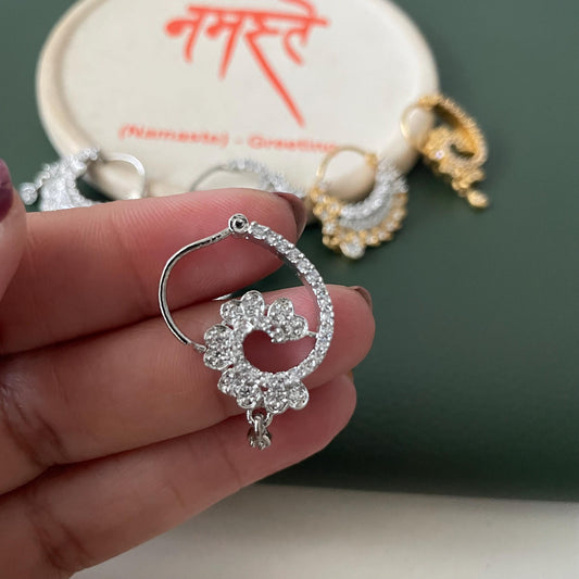 Gold & Rhodium Plated Cubic Zirconia Nath - Pierced Nose Ring