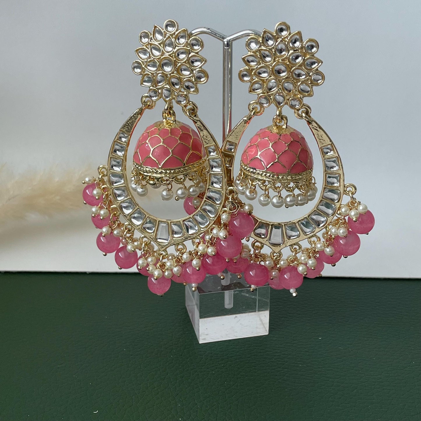 Pink Minakari Pearl Jhumka Earrings: Indian Bollywood Jewelry