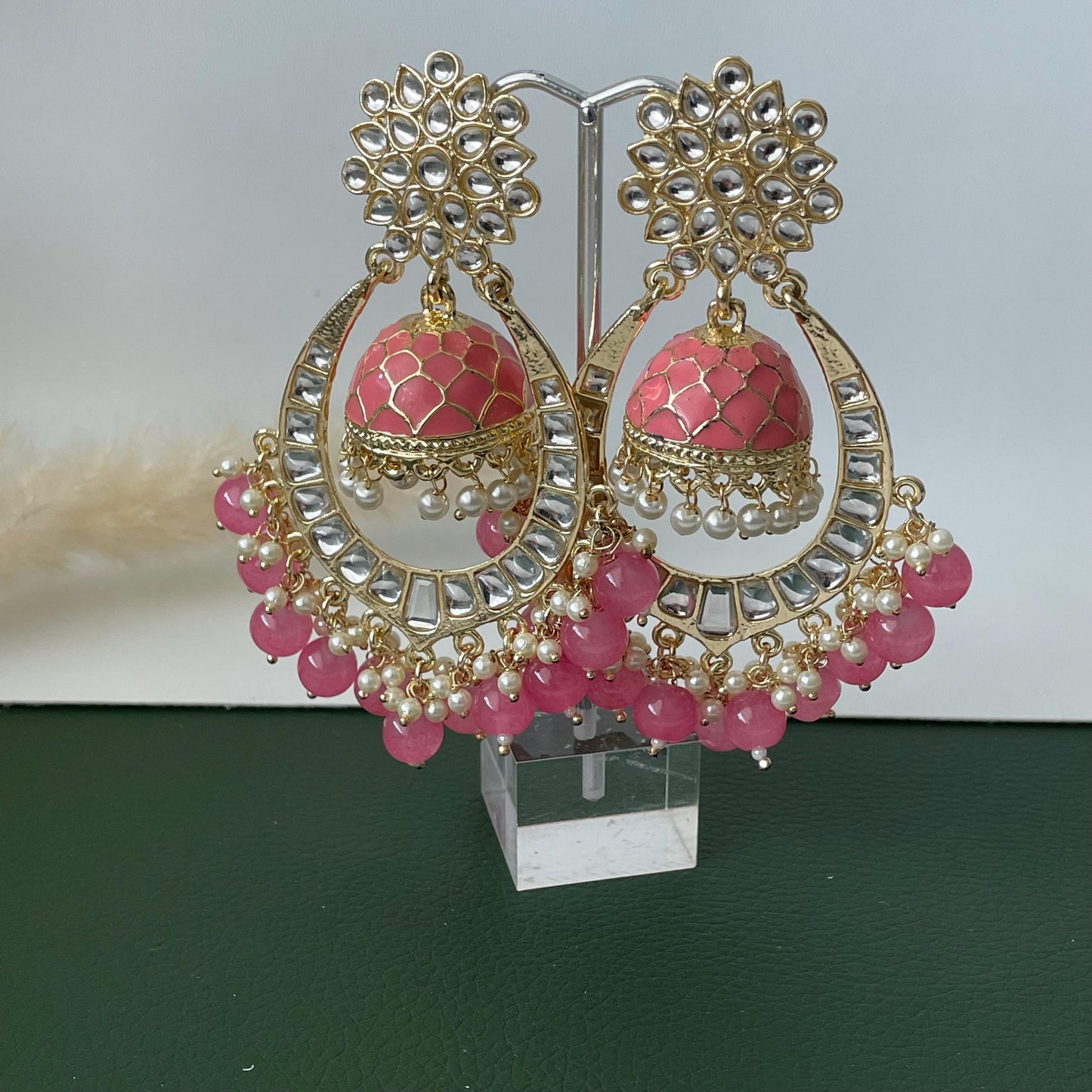 Pink Minakari Pearl Jhumka Earrings: Indian Bollywood Jewelry
