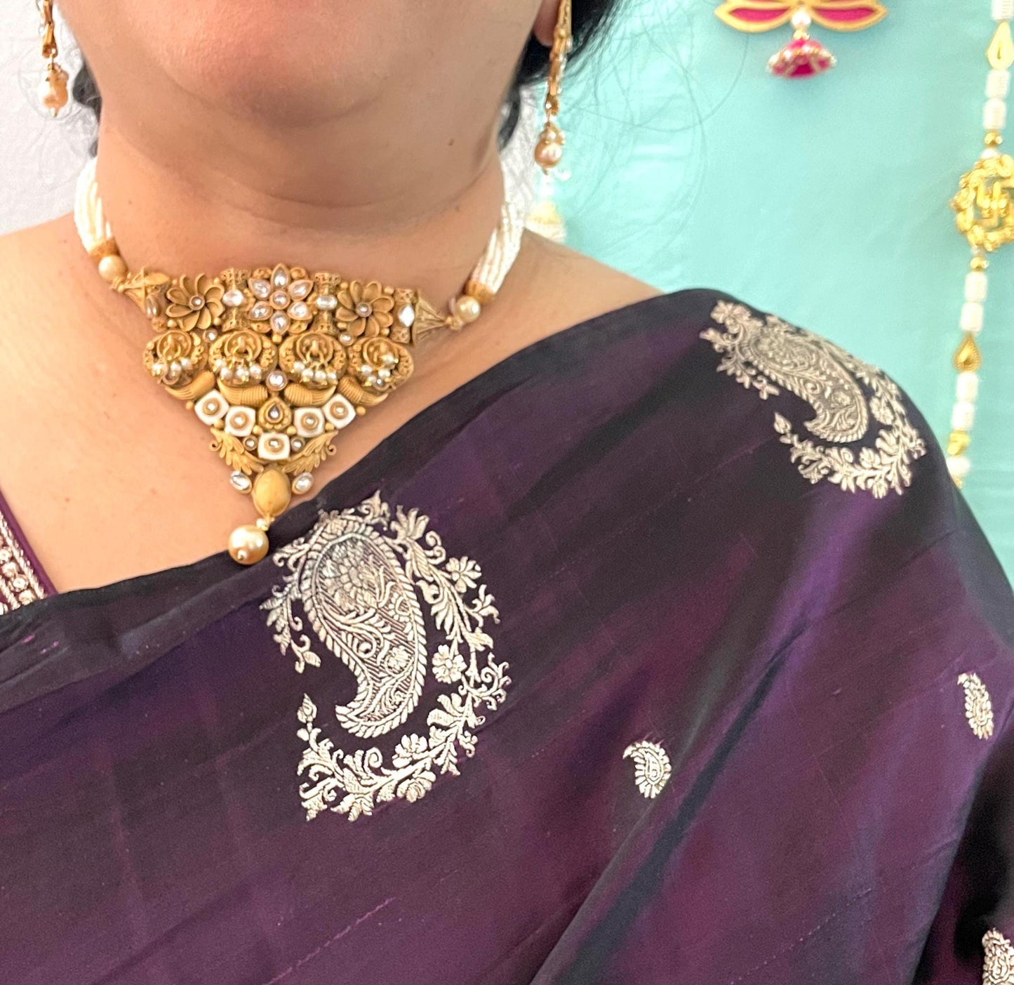 Kundan Choker Set: Rajawadi Gold Finish Necklace & Earrings