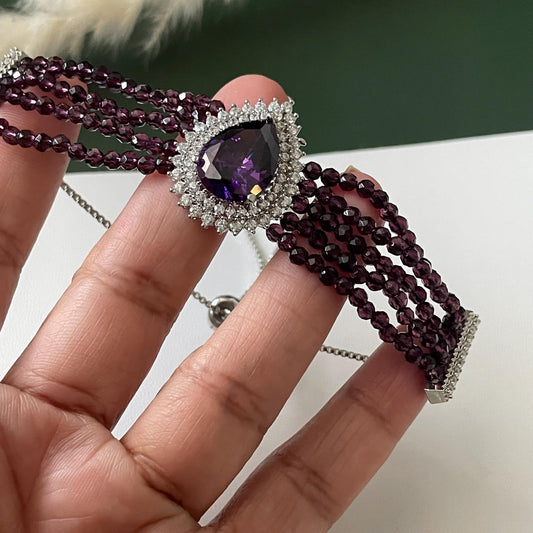 Rhodium Plated Cubic zirconia violet Bracelet: Adjustable Retractable Design