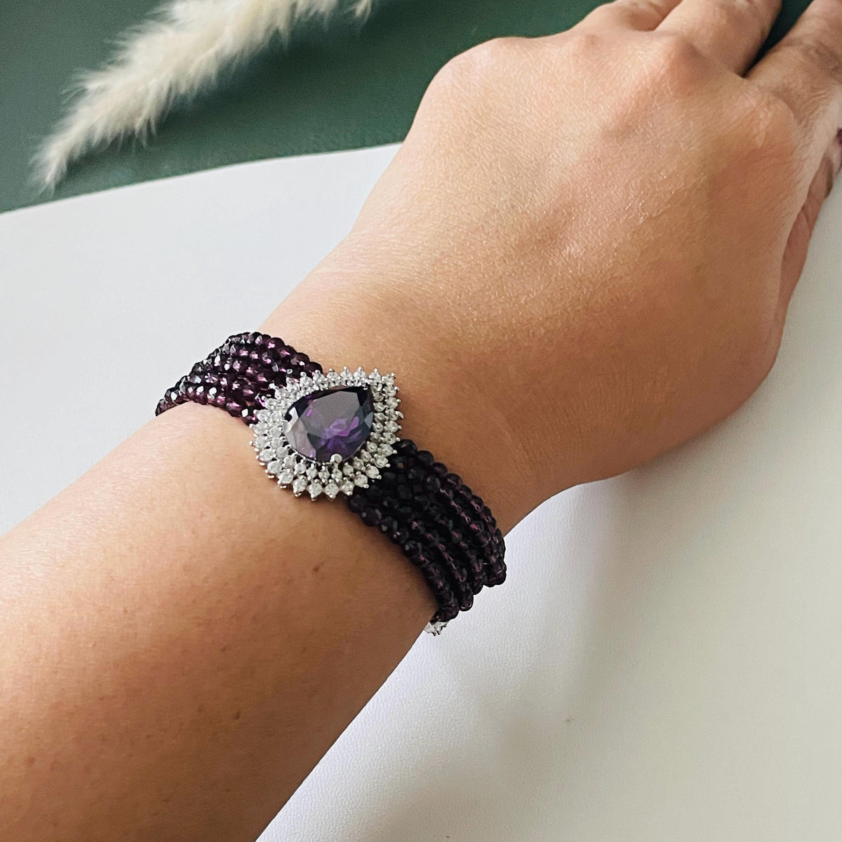 Rhodium Plated Cubic zirconia violet Bracelet: Adjustable Retractable Design