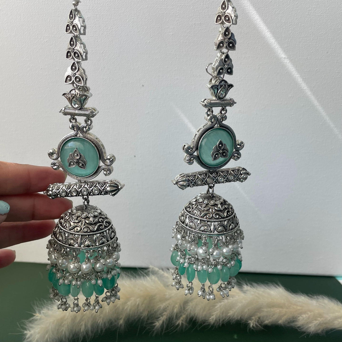 Statement Jhumka Earrings: Silver Lookalike with Blue, Pink & Sky Blue Beads