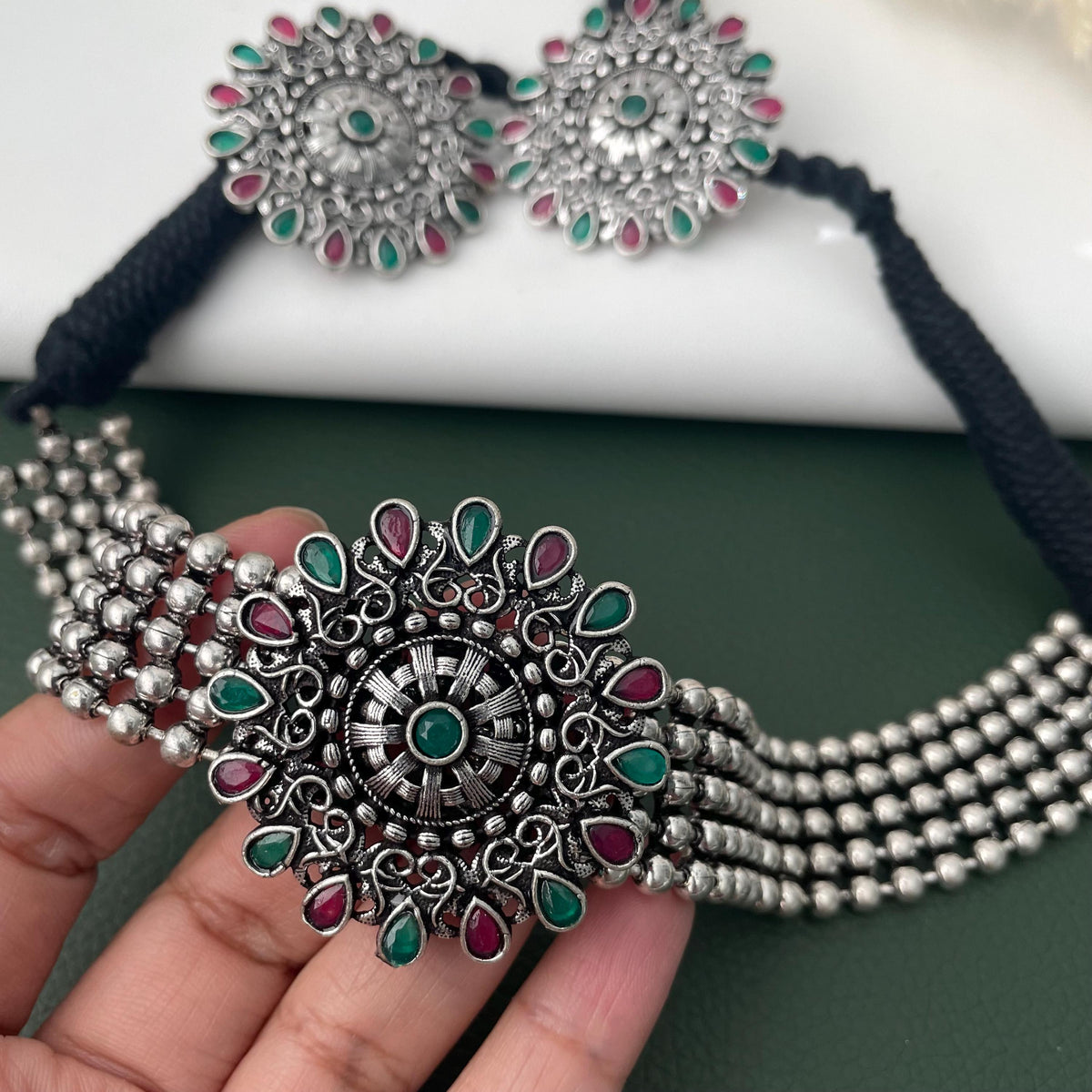 Oxidized Kolhapuri Choker Necklace with Stud Earrings: Adjustable Indian Jewelry