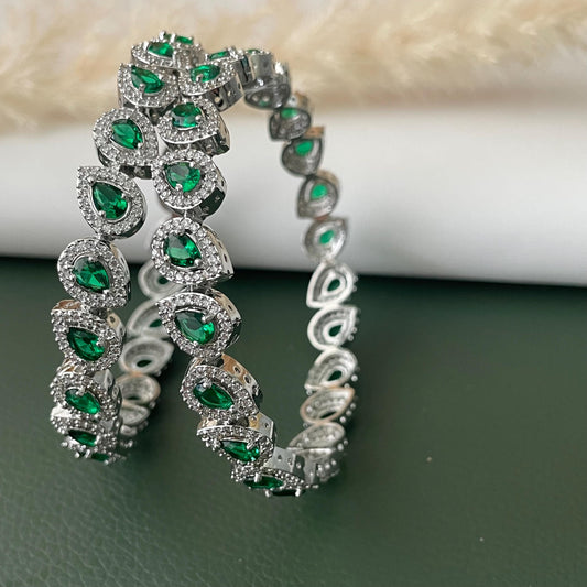 Rhodium Plated emerald and Cubic Zirconia Bangles Set of 2