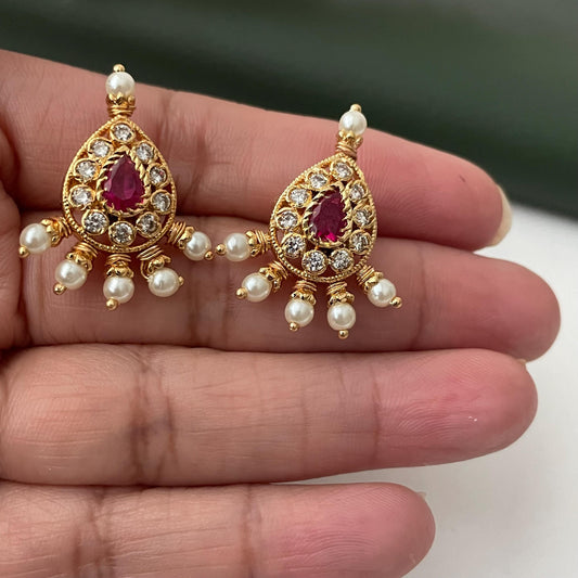 Maharashtrian Kudi Earrings: Ruby, Pearl & CZ Gold Plated Earrings