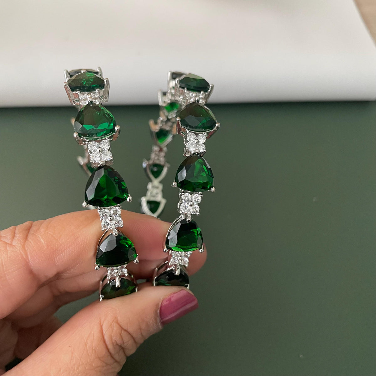 Rhodium Plated emerald and Cubic Zirconia Bangles Set of 2
