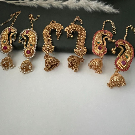 Gold Plated Jhumka Ear Cuffs: Indian Peacock Earrings