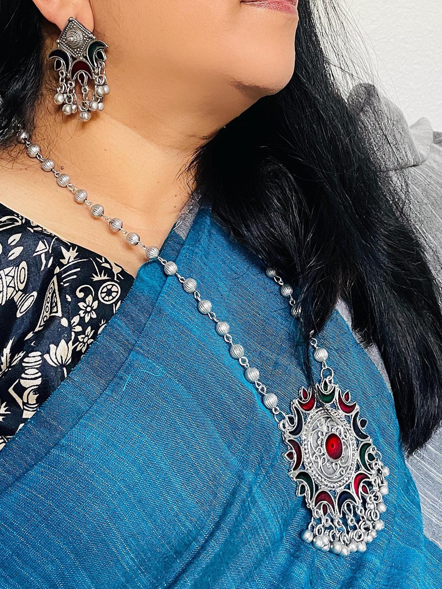 Oxidized Multicolor Necklace Earring Set: Vibrant Pendant, Garba Jewelry