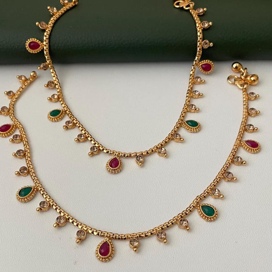 Gold plated bridal payal anklets in Ruby Green and lct