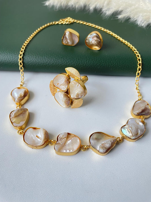 Unfinished mother of pearl necklace earring and ring set