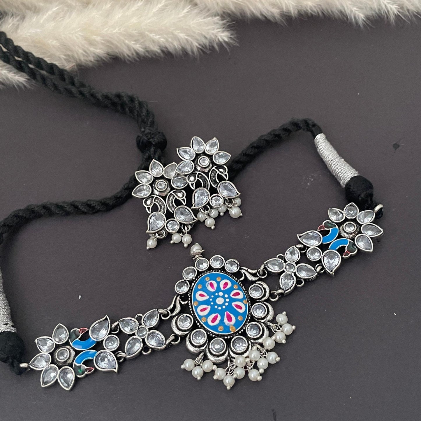 Oxidized Hand-Painted Choker Set: Colorful Stone Necklace