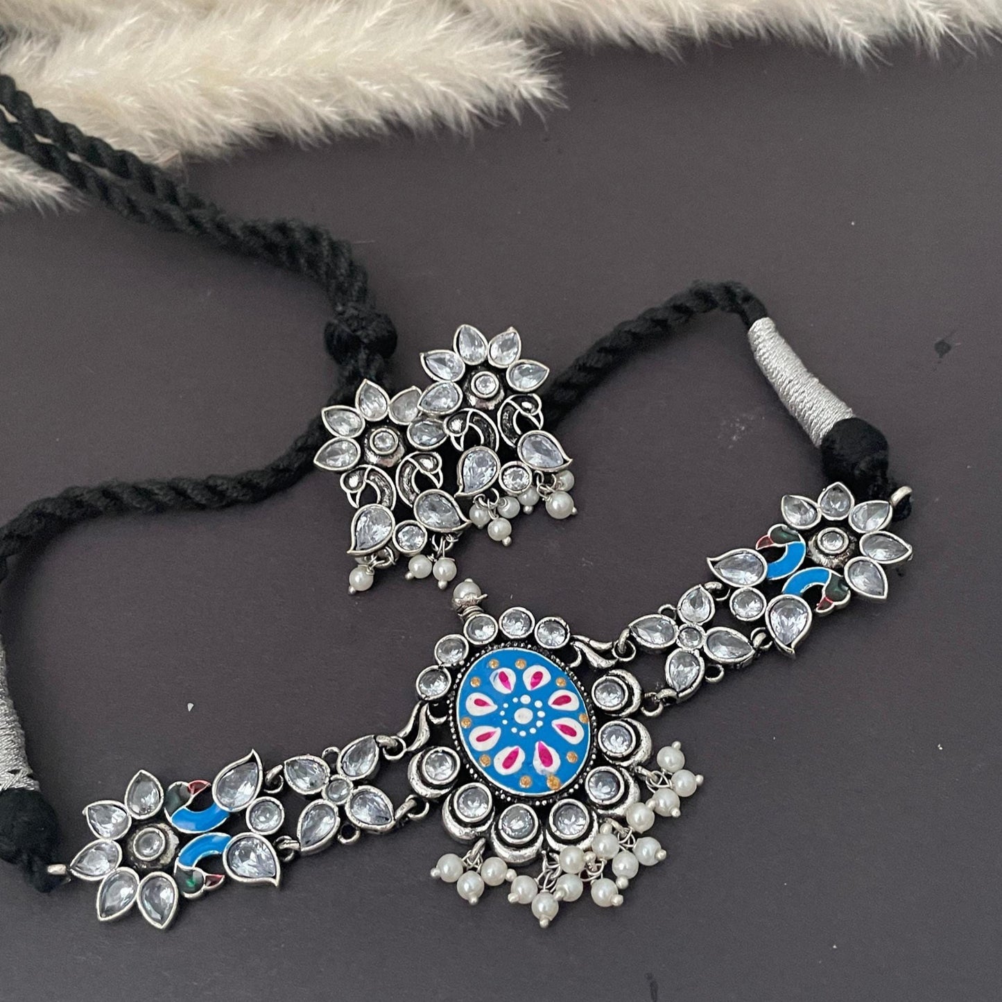 Oxidized Hand-Painted Choker Set: Colorful Stone Necklace