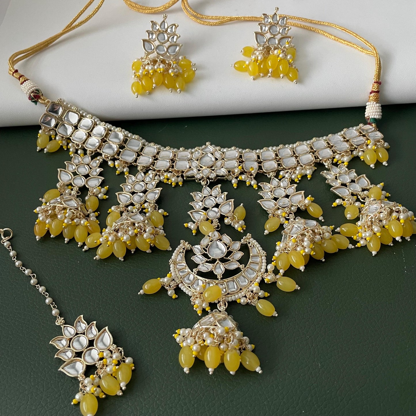Yellow Kundan Choker Set: Bridal Necklace with Earrings & Maang Tika