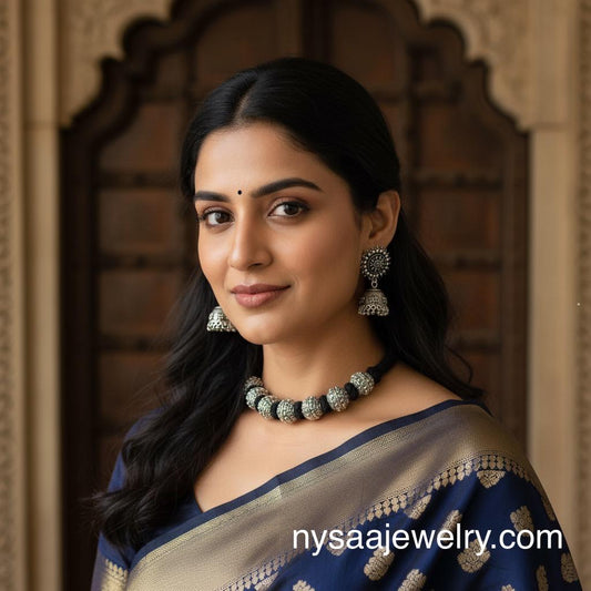 Oxidized Thread Necklace: Indian Bollywood Jewelry, Adjustable Length