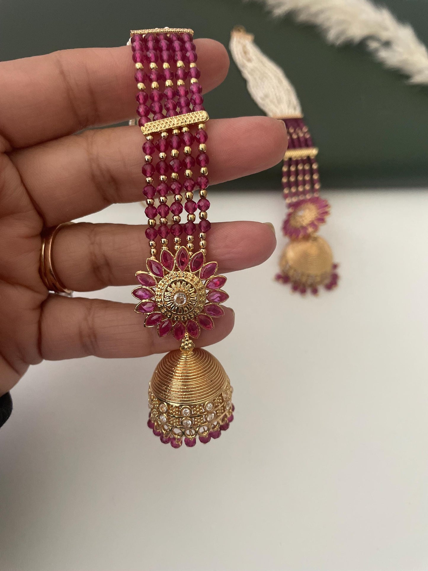 Gold Plated Jhumki Earrings with Ear Chain: Bridal Jewelry
