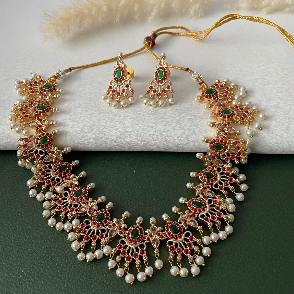 Multicolor gems and Pearl Gold Plated Necklace Set: South Indian Temple Jewelry