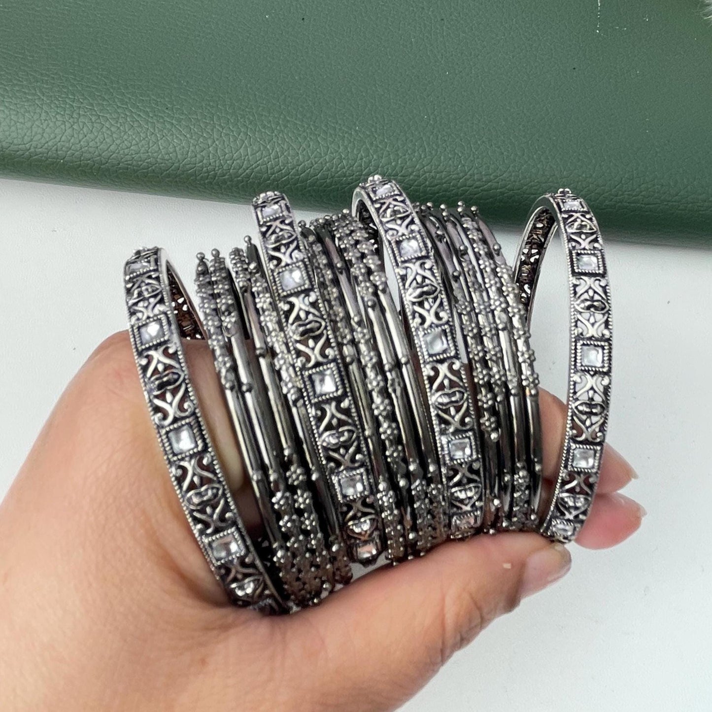 Oxidized Indian Bangle Set with Rhinestone Detail (Set of 4)