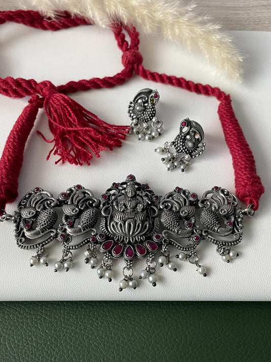Matt Oxidized Choker or small necklace set: Colorful Stone Necklace