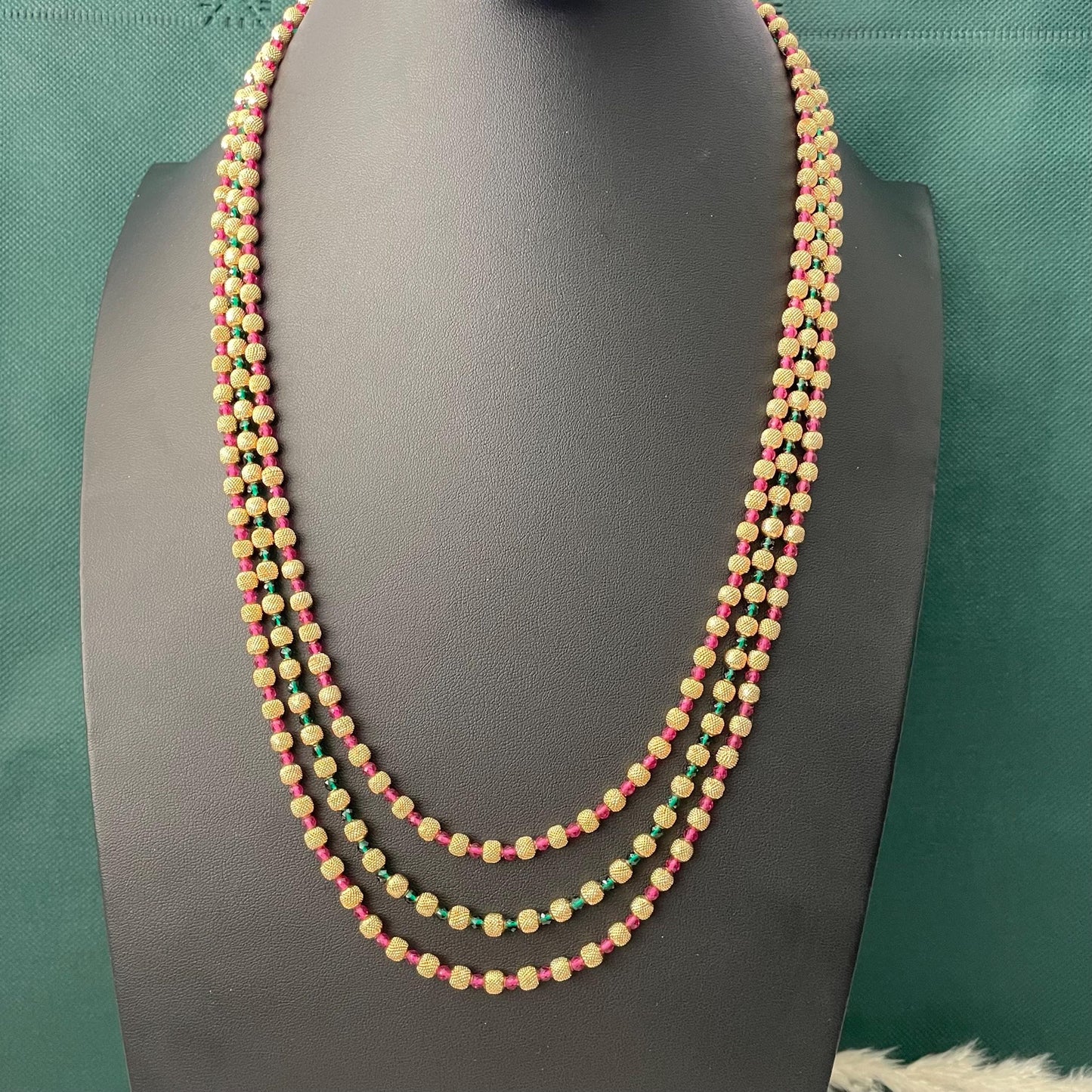 Gold Plated Multi-Layer Ruby Green Beaded Mala Necklace