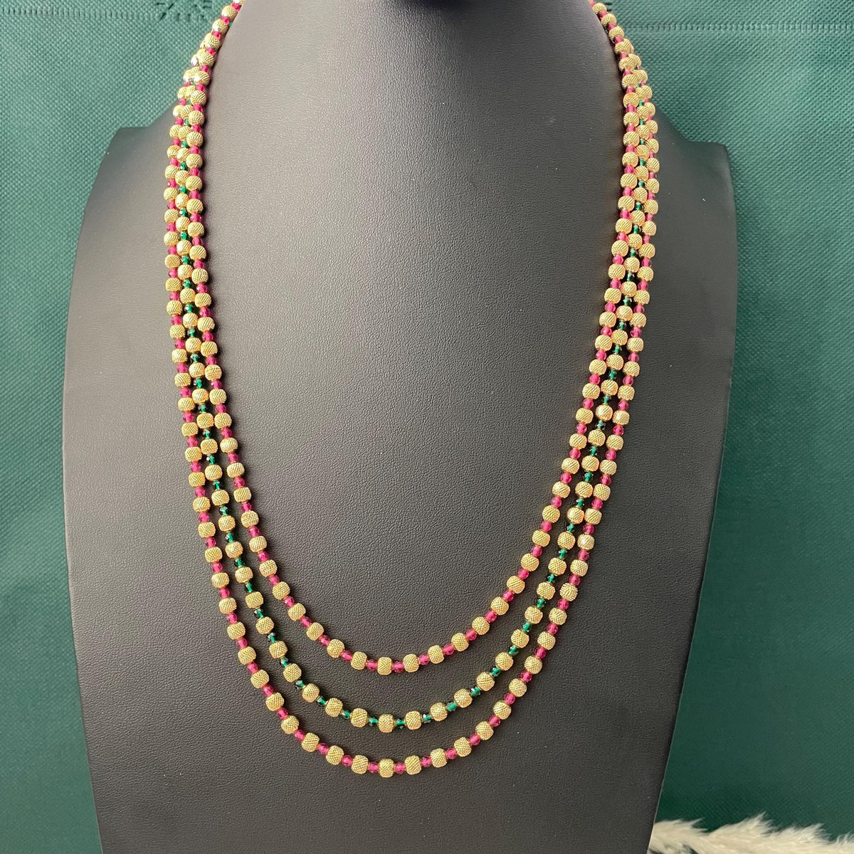 Gold Plated Multi-Layer Ruby Green Beaded Mala Necklace