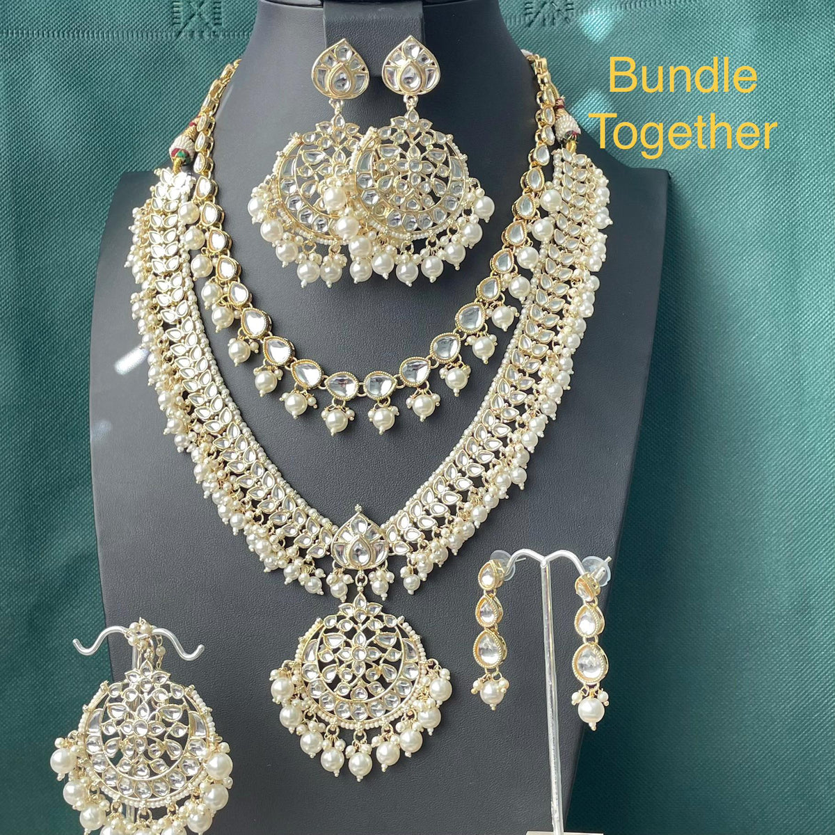 Gold plated kundan and pearl Necklace set with maang tika and Chandbali