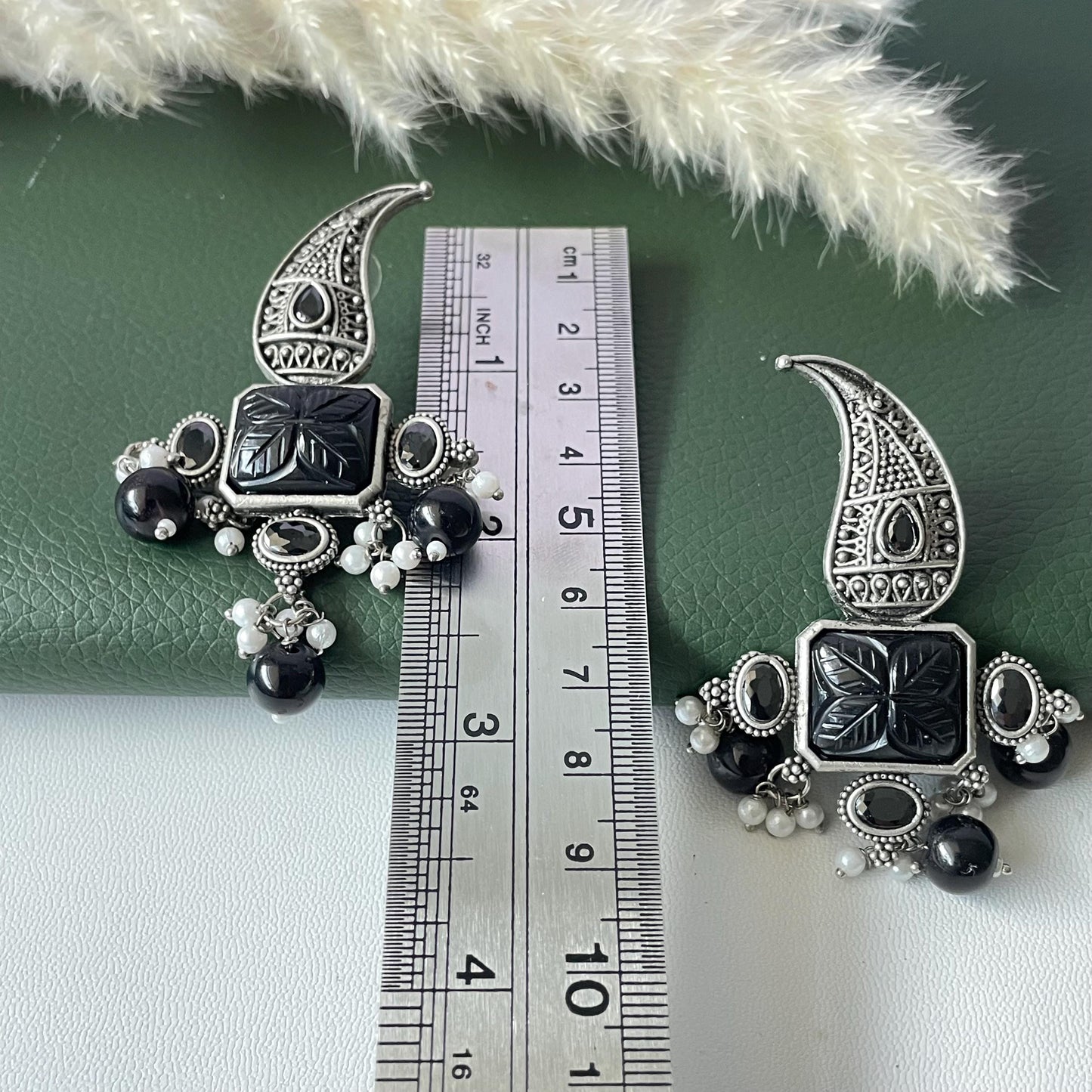 Black monalisa stone paisley Oxidised earrings
