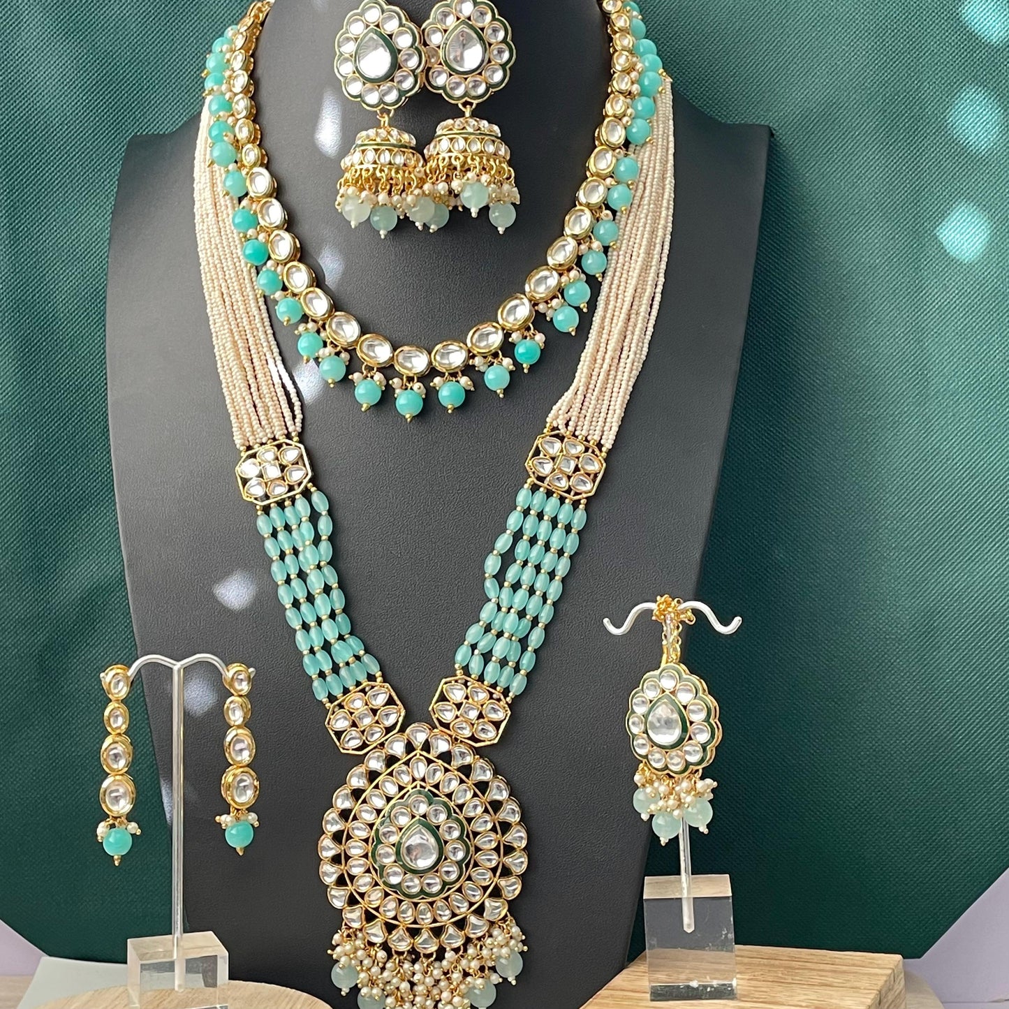 Aqua Kundan Necklace Set: Multilstrand Beaded long necklace Indian Jewelry