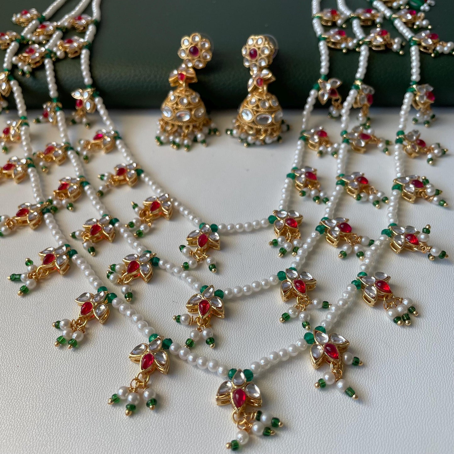 White Pearl Kundan Raanihaar: 3-Layer Necklace with matching jhumkis