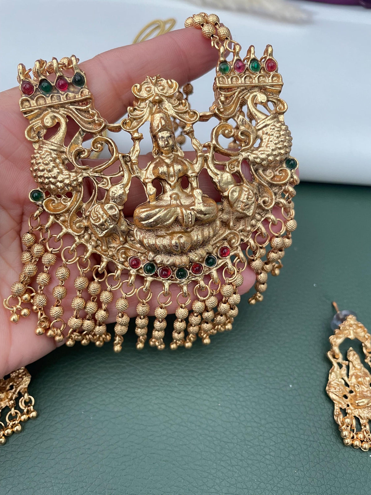 Antique Gold Plated Temple Necklace Ruby Green Stones with Earrings