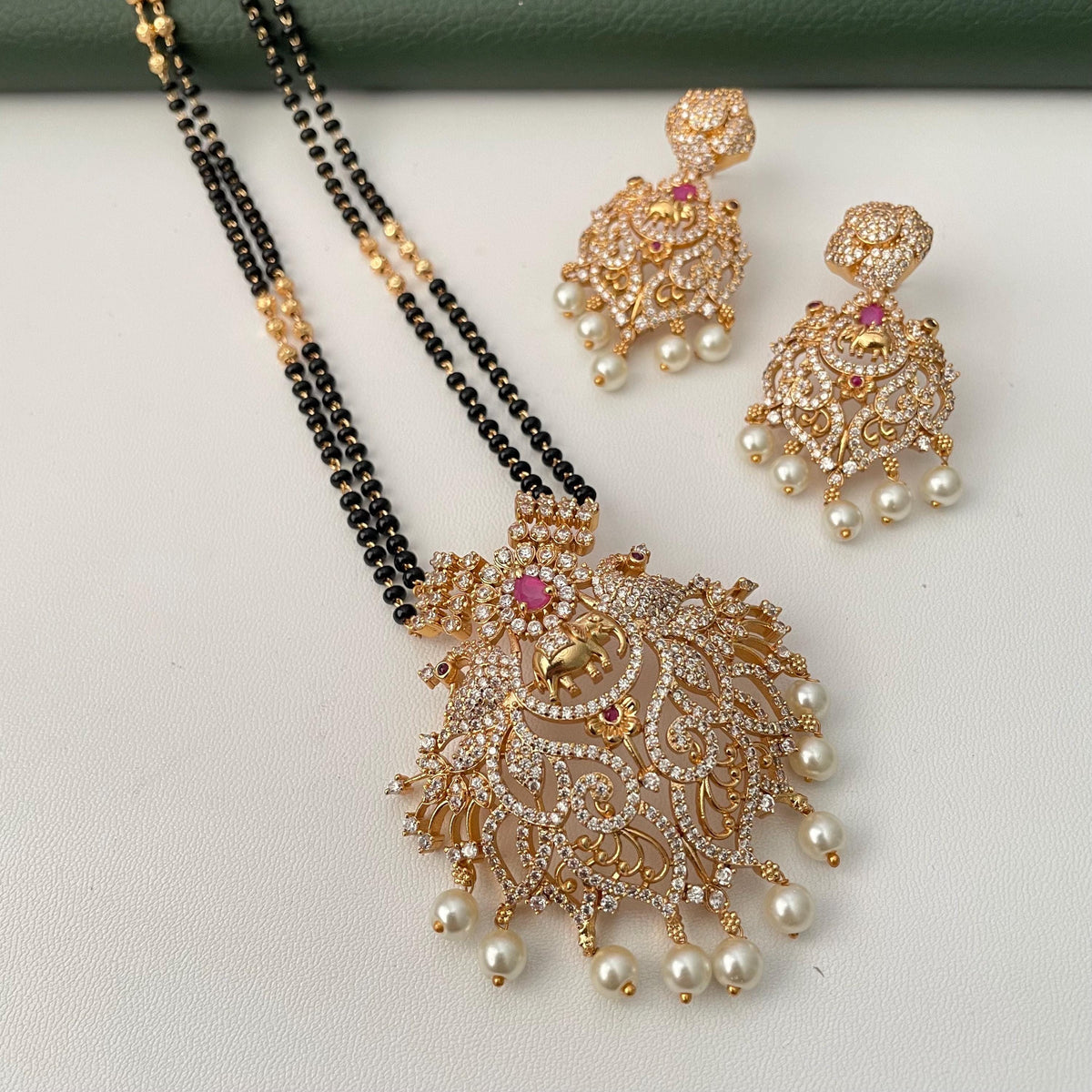 Gold Plated Victorian style cubic zirconia big pendent Mangalsutra