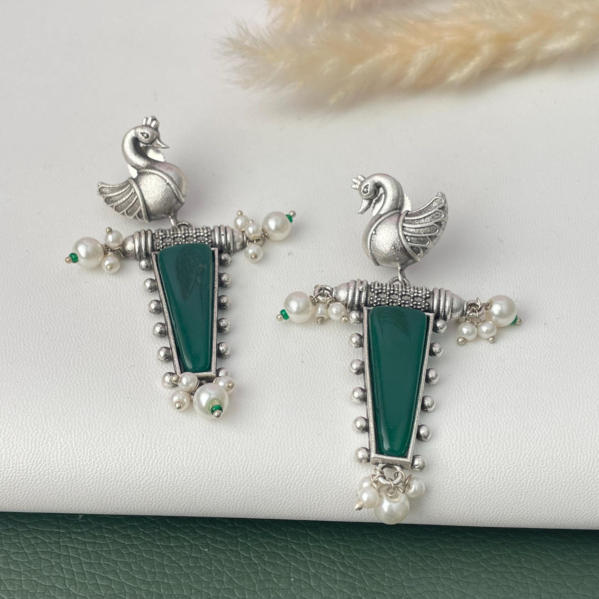 MonaLisa stone silver lookalike peacock earrings