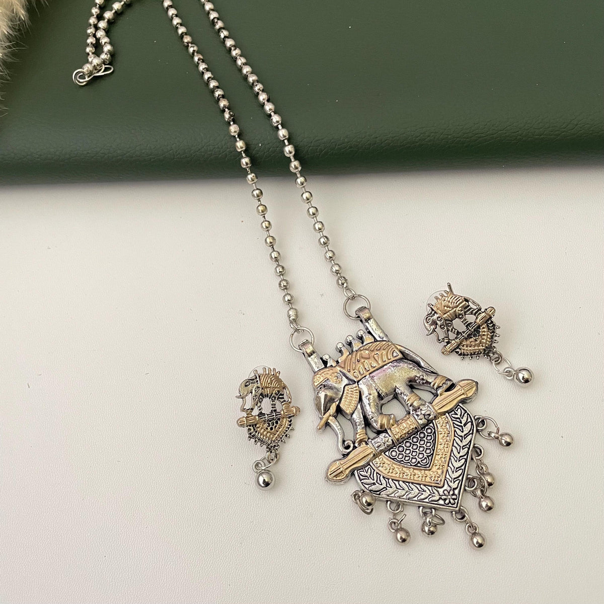 Nysaa Dual tone long necklace with Monalisa stone with matching earrings set
