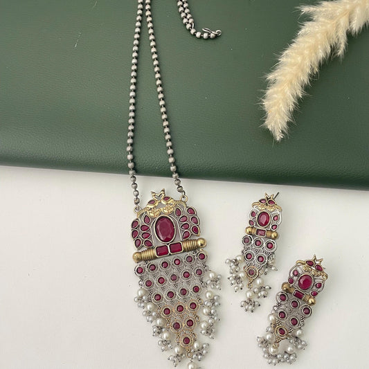 Oxidized Necklace Set: Monalisa Stone, Colorful Festive Jewelry