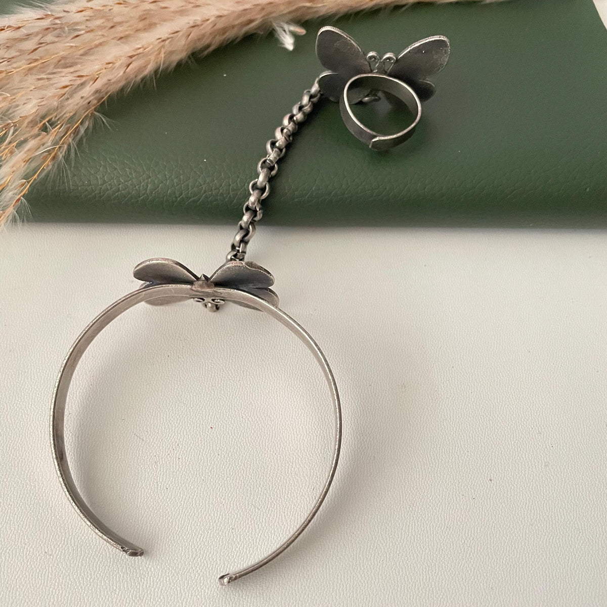 Oxidised butterfly themed ring bracelet haath panja : Adjustable