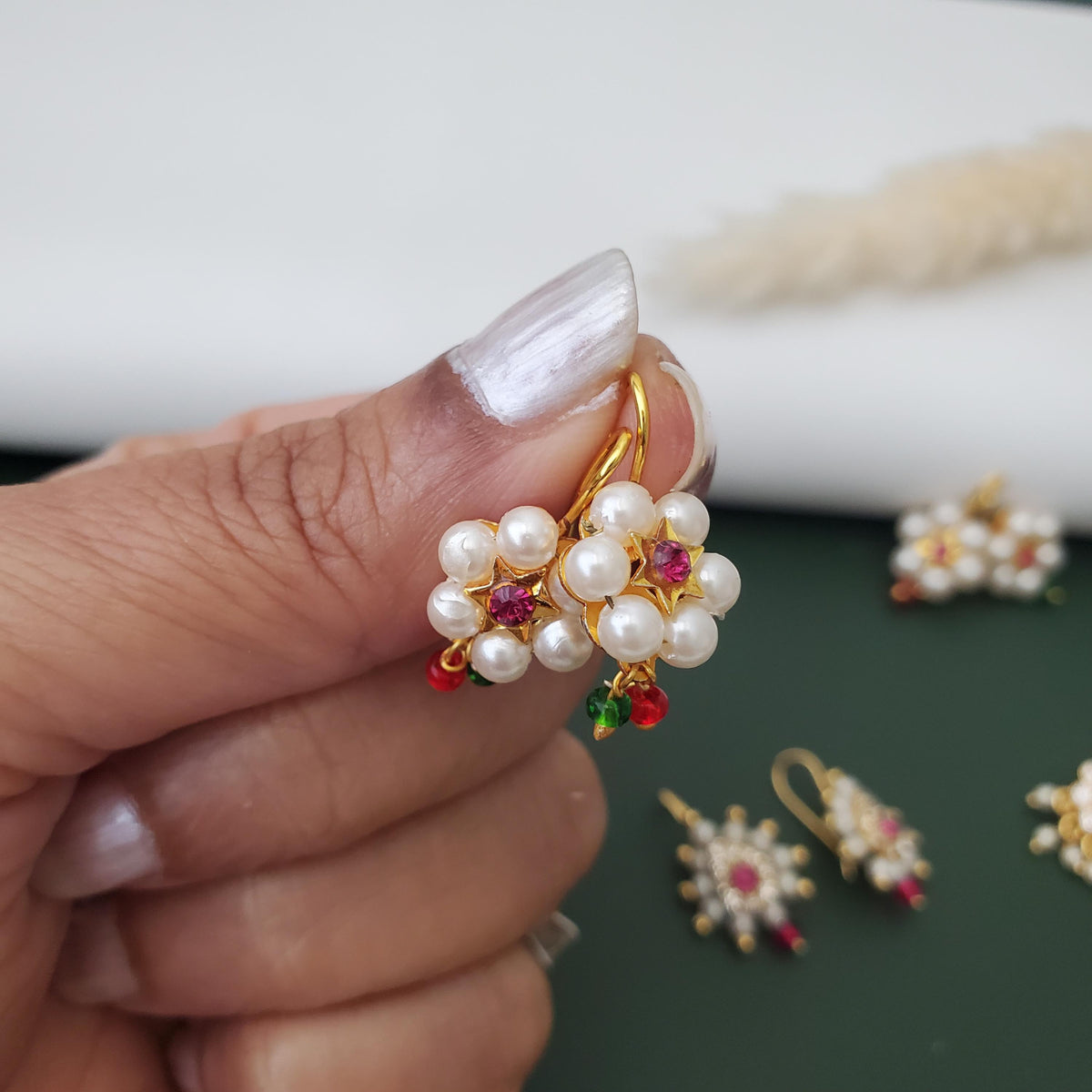Maharashtrian Bugadi Earrings: Moti, CZ Ruby, Pearl Clip-Ons