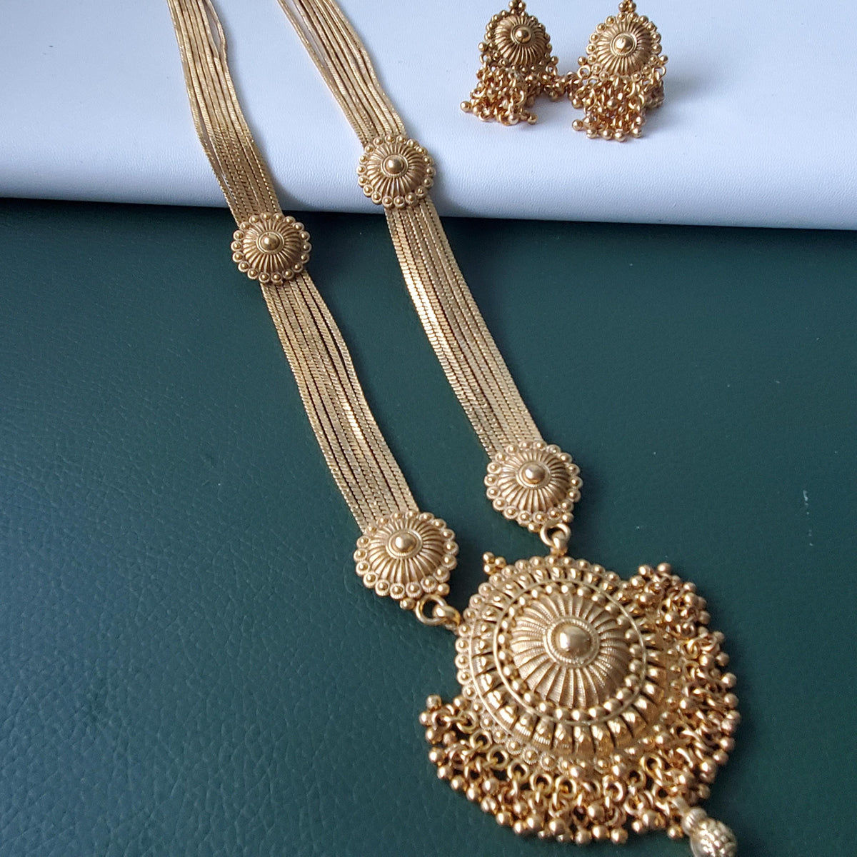 Long gold plated high quality pendent necklace with matching jhumkis : Haaram