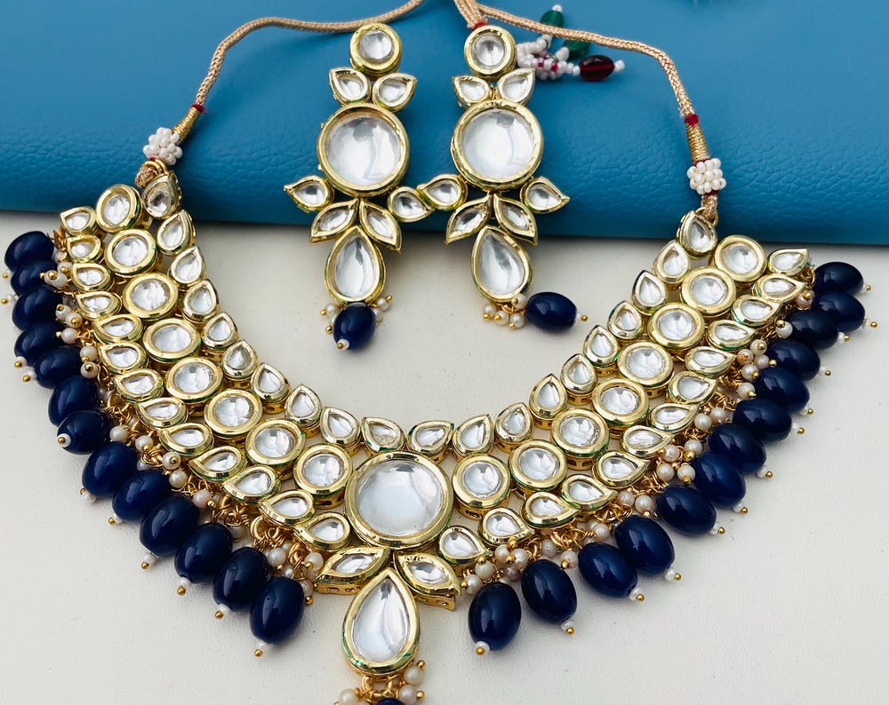 Blue Kundan Choker Set: Peach & Pearl Bridal Jewelry
