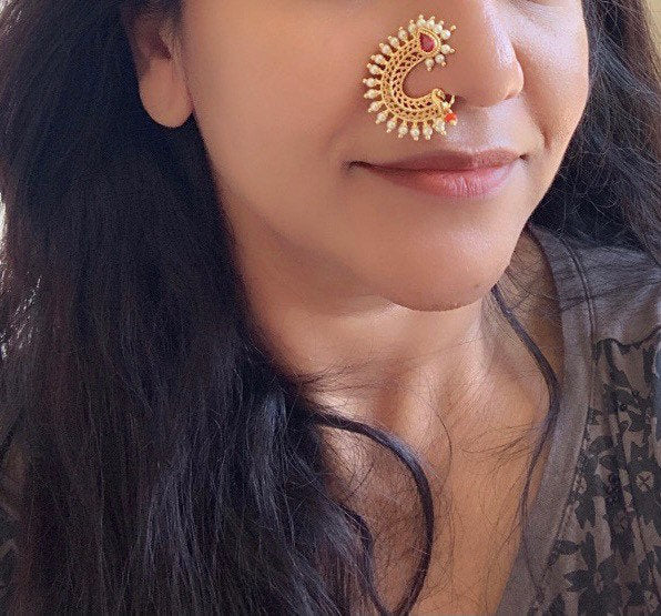Maharashtrian Nath: Gold Plated Nose Clip-on - Indian Jewelry