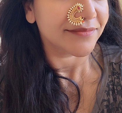 Maharashtrian Nath: Gold Plated Nose Clip-on - Indian Jewelry