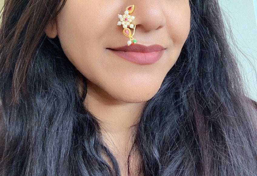 Maharashtrian Nath: Gold Plated Nose Clip-on - Indian Jewelry